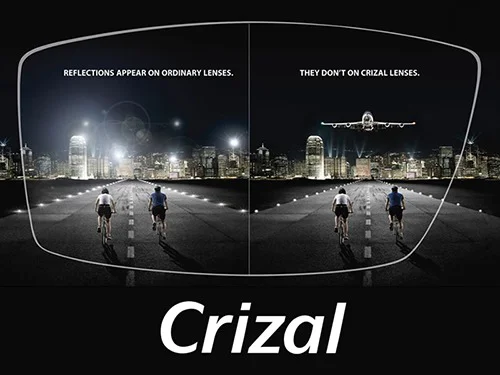 On the left, glare and reflection. On the right, clear vision without glare from Crizal lenses