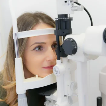 A woman sitting forward to place her chin properly to a close inspection of her eyes