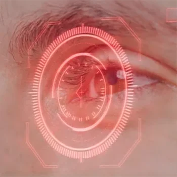 A 3-D model of an eye being scanned for retinal imaging